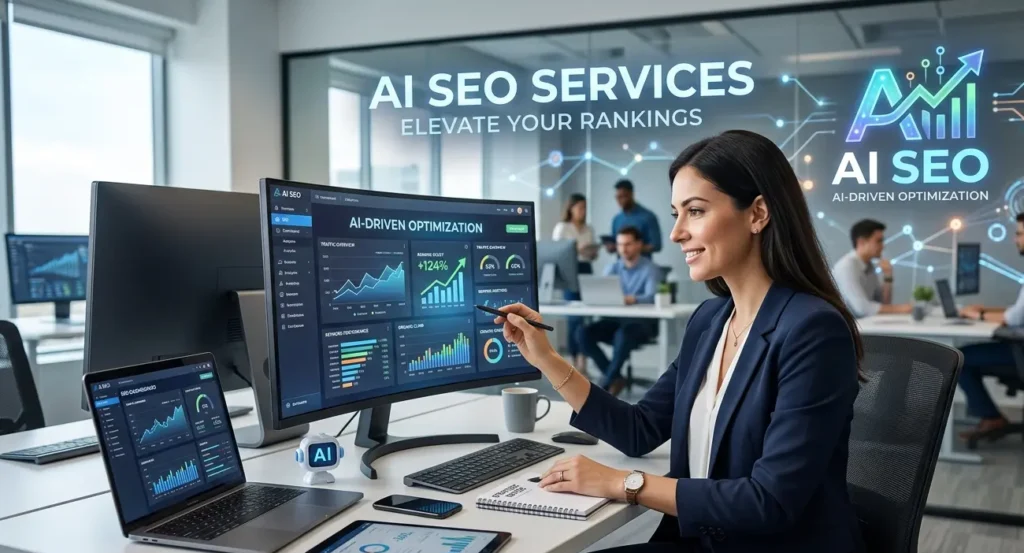 Professional SEO expert analyzing AI-driven data dashboards and growth charts in a modern office setting for AI SEO services.